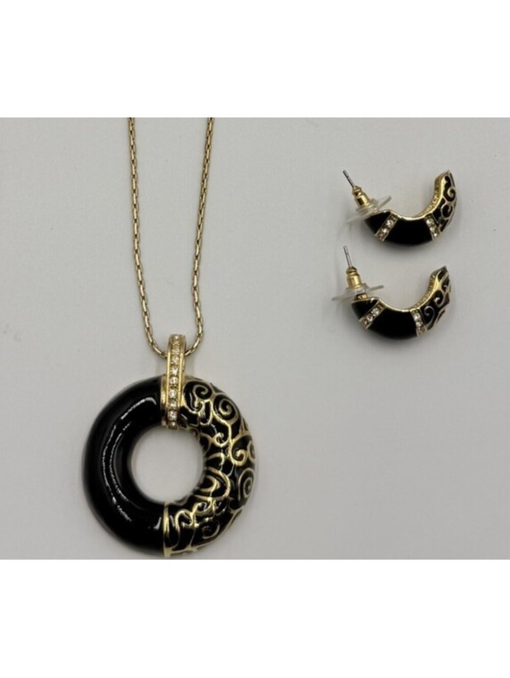 Camrose & Kross JBK Parisian Circle Black Enamel Crystal Necklace & Earrings Set